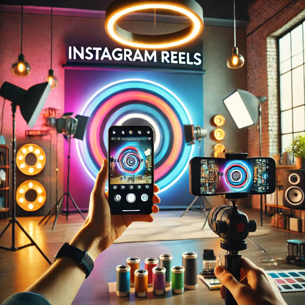 Instagram Reels creation in a professional studio with a person recording video using a smartphone, surrounded by creative lighting and a colorful backdrop, perfect for social media content.