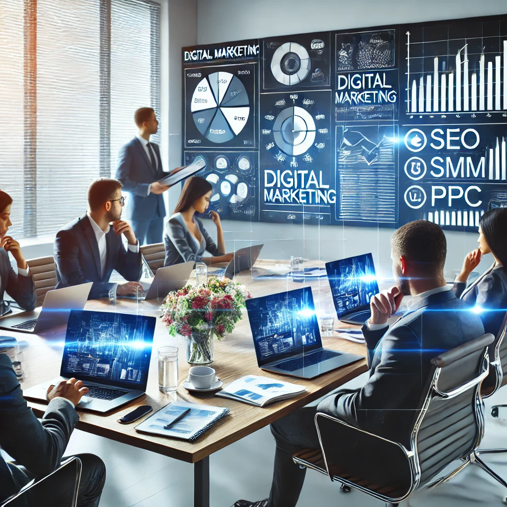 Digital marketing office with a team focusing on SEO, SMM, and PPC strategies, brainstorming for a local advertising agency in Jalgaon.