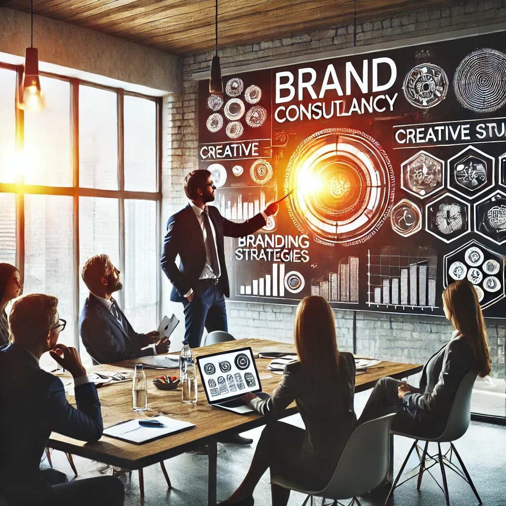A creative brand consultancy meeting with a consultant presenting branding strategies, charts, and logos to a group of professionals in a modern office setting. The image highlights creative branding and consultancy services in a collaborative and innovative environment.